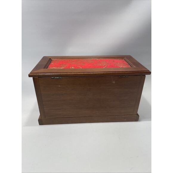 Vintage Two Drawer Oak Wood Jewelry Box with Brocade Fabric Top Beautiful - Picture 9 of 11